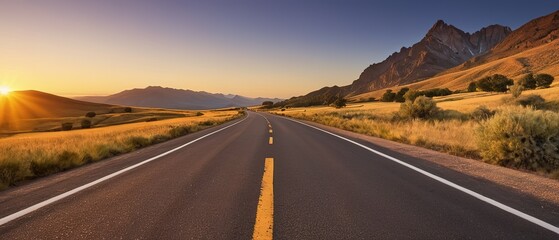 View from Below of an Empty Old Asphalt Road in the Mountains at Sunset