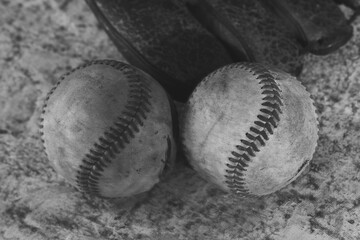Wall Mural - Baseball nostalgia background with dirty used balls in black and white.