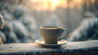 Snow-covered table holds a steaming cup of coffee, inviting with warmth and aroma on a chilly morning