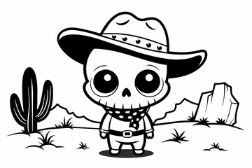 Coloring book page for kids, cute, black and white cartoon baby skull as cowboy around desert, white background