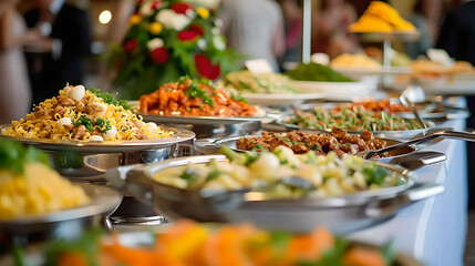 Wall Mural - A buffet with various dishes cooked during a wedding , Gathering, parties in a hotel, varied food , blur effect background