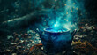blue magical poison water in a kettle, fantasy item, witch item