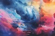A colorful sky with a staircase in the middle. The staircase is made of clouds and the sky is filled with different colors. Scene is dreamy and whimsical
