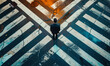 Top angle of view a business man standing in middle of an intersection, symbolic landscapes, chance, passage, a feeling of confusion, deep thinking, Multiple opportunities