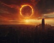 An AI predicts the visual and environmental effects of future solar eclipses, displaying simulations on a citywide network of screens