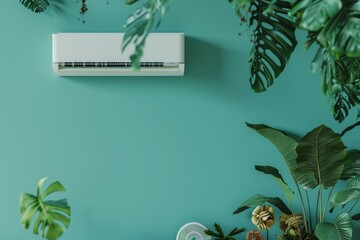 Wall Mural - A white air conditioner is mounted on a wall next to a green wall. Summer heat concept