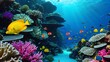 Underwater Colorful Coral Reef Landscape: Sea Life and Plants at Seabed Background