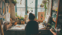 A Young Girl Surrounded By Art Supplies And Creative Artwork, Adorned With Plants, Warm Colors, Cozy Atmosphere