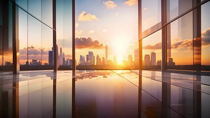 Wall Mural - office building or business center.window buildings made of glass reflect the clouds and the sunset. empty street outside  wall modernity civilization, commercial, skyscraper, architecture