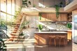 Sustainable midcentury modern interior with wooden staircase, kitchen island, and plants, architectural illustration