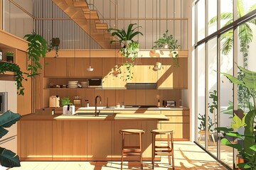 Wall Mural - Sustainable midcentury modern interior with wooden staircase, kitchen island, and plants, architectural illustration