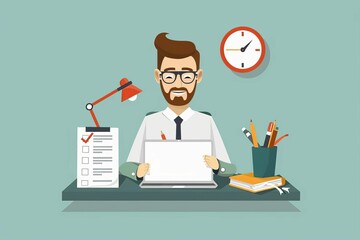 Wall Mural - Businessman using laptop to complete checklist of tasks, productivity and organization concept, flat vector illustration