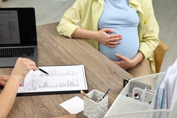 Canvas Print - Doctor showing results of laboratory test to pregnant patient at table in clinic, closeup