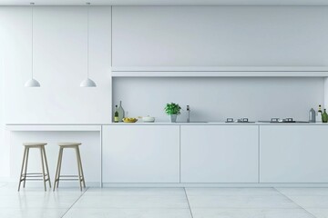 Wall Mural - Modern white and gray minimalist kitchen with clean lines and sleek surfaces, contemporary interior design, 3D rendering