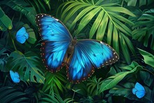 Majestic Blue Morpho Butterfly Fluttering In Lush Rainforest, Vibrant Tropical Nature Illustration