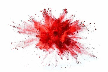 Bright red Holi powder paint explosion burst for industrial print design, isolated on white