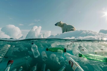 Wall Mural - A polar bear sits on top of a pile of plastic bottles in the ocean. Ecology problems and plastic pollution concept