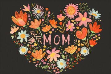 Wall Mural - A heart made of flowers with the word Mom written in the center. Happy Mother's Day concept