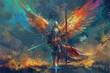  Powerful Archangel Michael with Sword and Wings, Digital Painting