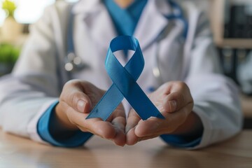 Wall Mural - A doctor holds a blue ribbon in his hand