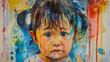 Watercolor Painting Close-up of a Young Crying Asian Girl With Pigtails