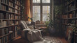  cozy reading nook in the corner of an old apartment, with full bookshelves containing books and plants, a warm blanket on a chair, a vintage window