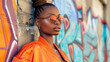 A young black woman leans against a graffiticovered building her vibrant orange jacket and statement sunglasses catching the eye. With a single raised eyebrow and a confident smirk .