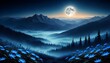 blue flower, burnt forest and mountains on the background, moon, mystical landscape, fog, mysterious glow, 3D effect, photorealism, epic art, from down near, mythical being divine presence, energy iri