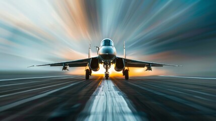 Sticker - Jet airplane taking off from airport runway with blurred background