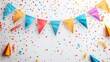 White background with decorative colorful party pennants for birthday celebrations, festivals, and fair decorations.