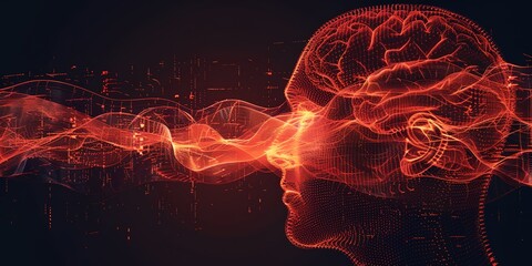 A brain is shown in red with a black background. The brain is surrounded by a wave of red, which gives the impression of a pulsating, energetic brain