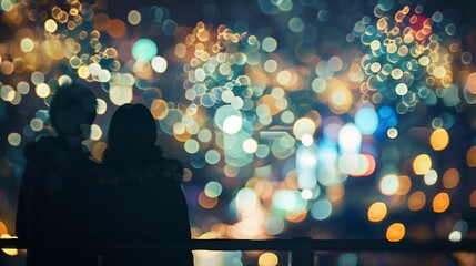 Poster - Generative AI : The people looks Fantastic festive new years colorful fireworks on cityscape blurred photo bokeh
