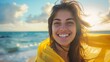 Generative AI : Cheerful young woman in yellow sarong at beach. Happy smiling girl enjoying the beach