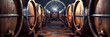 Old Wine Cellar with Oak Barrels Winery Basement Wine Cellar  Large storage with rows of oak beer barrel.