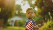 Generative AI : Cute toddler boy holding american flag. Independence Day concept.