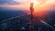 Antenna communication technology with city background. Communication tower connect to data of smart city. Telecommunication 5G. Digital Transformation IoT (Internet of Things).