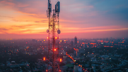 Antenna communication technology with city background. Communication tower connect to data of smart city. Telecommunication 5G. Digital Transformation IoT (Internet of Things).