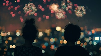 Poster - Generative AI : The people looks Fantastic festive new years colorful fireworks on cityscape blurred photo bokeh