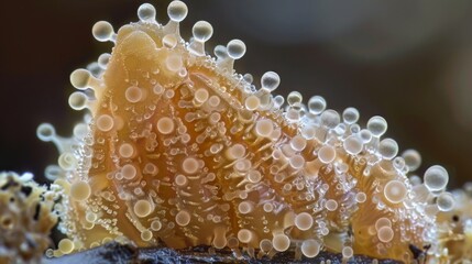 Sticker - A magnified view of a single conidium spore revealing its rugged outer surface and elongated shape. The spore is surrounded by smaller