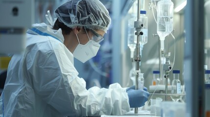 A behindthescenes glimpse of a lab scientist preparing a IV drip meticulously measuring and mixing medications in a sterile environment before delivering them to a patient in need. .