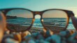 Photo through polarized sunglasses. Summer vibes. Sun, sea, beach. Background with copy space. Generative AI