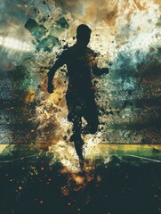 Poster - Dynamic athlete silhouette in explosive backdrop - A dynamic representation of an athlete in motion set against an explosive, abstract background that symbolizes determination and energy