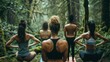 A group of yoga enthusiasts practicing poses in the midst of the forest backs to the camera as they connect with nature . .