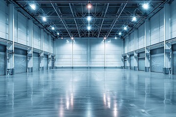  Roller door or roller shutter using for factory, warehouse or hangar. Industrial building interior consist of polished concrete floor and closed door for product display or industry background.