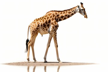 Elegant giraffe bending down to drink water, long neck gracefully extended, isolated on white solid background