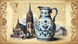 Watercolour with jug against the background of the abstract cathedral of Frankfurt am Main with italic text background on antique paper