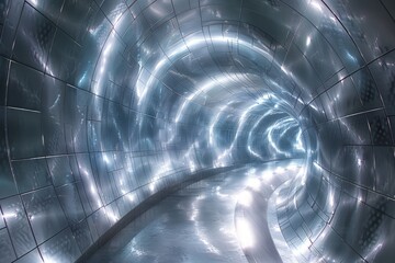 Wall Mural - A long, narrow tunnel with a shiny, metallic surface. The tunnel is lit up with bright lights, creating a sense of depth and mystery. The shiny surface of the tunnel reflects the light