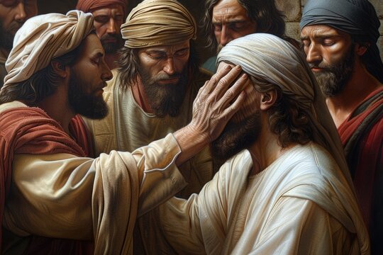 portrait of jesus healing the blind man in jerusalem: capturing the compassionate miracle of sight r