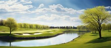 The Tranquil Golf Course Is Adorned With A Picturesque Pond And Stunning Greenery Around.