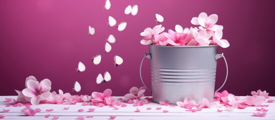 Wall Mural - Bucket filled with colorful flowers placed on a wooden table